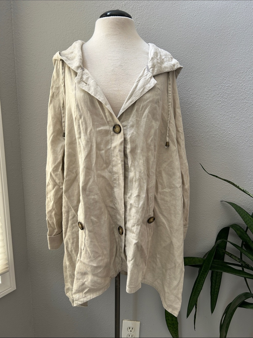 For Cynthia Cream Linen Hooded Button-Front Trench Coat 3X